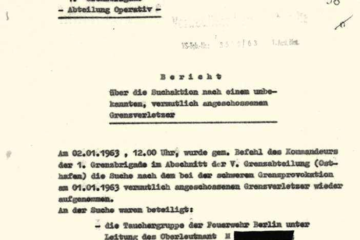 Bericht der DDR-Grenztruppen über die Bergung von Hans Räwel, 2. Januar 1963 Bericht der DDR-Grenztruppen über die Bergung von Hans Räwel, 2. Januar 1963