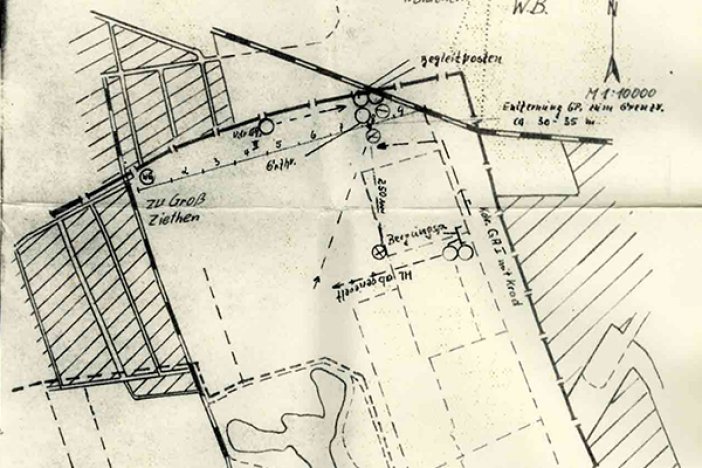 Tatortskizze der DDR-Grenztruppen zum Fluchtversuch von Eberhard Schulz, 30. März 1966 Tatortskizze der DDR-Grenztruppen zum Fluchtversuch von Eberhard Schulz, 30. März 1966