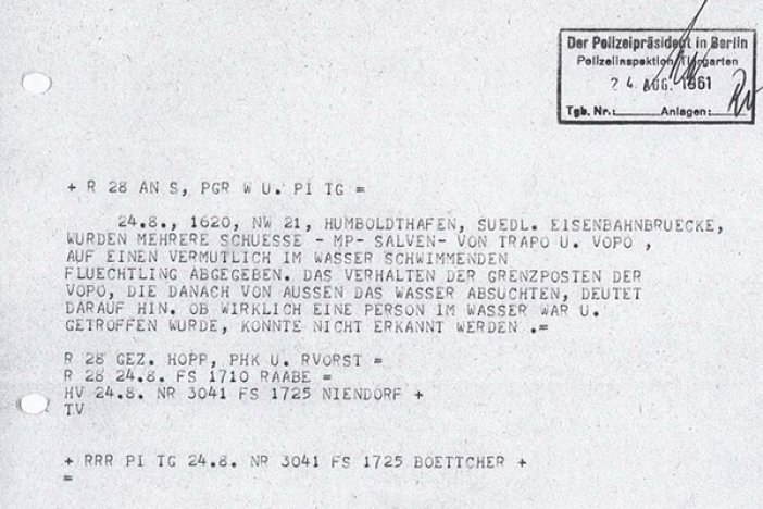 Meldungen der West-Berliner Polizei zum Fluchtversuch von Günter Litfin, 24. August 1961  Meldungen der West-Berliner Polizei zum Fluchtversuch von Günter Litfin, 24. August 1961