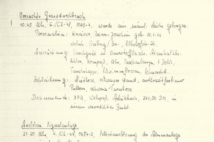 Rainer Gneiser: Meldung der NVA-Stadtkommandantur über die Bergung der Leiche, 6. August 1964 Rainer Gneiser: Meldung der NVA-Stadtkommandantur über die Bergung der Leiche, 6. August 1964