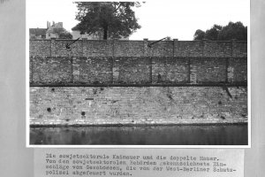 Peter Göring, shot dead at the Berlin Wall: West Berlin police crime site photo of bullet holes on the Berlin Wall at the Spandauer Schiffahrts Canal near the Sandkrug Bridge [May 23, 1962]