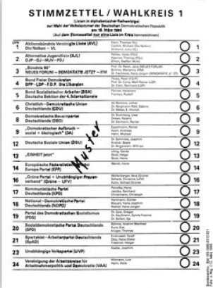Ballot paper for Electoral District 1 (Berlin) for the GDR Volkskammer election on 18 March 1990