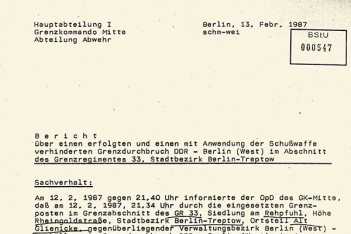 MfS-Bericht über den Fluchtversuch von Lutz Schmidt, 13. Februar 1987 MfS-Bericht über den Fluchtversuch von Lutz Schmidt, 13. Februar 1987