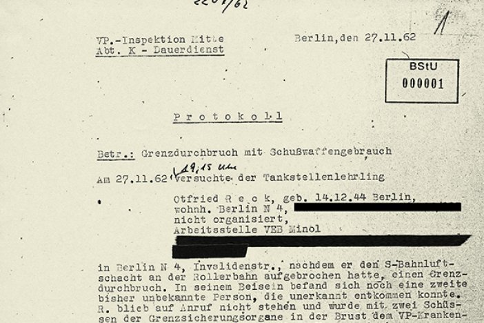Protokoll der Ost-Berliner Volkspolizei über den Fluchtversuch von Otfried Reck, 27. November 1962 Protokoll der Ost-Berliner Volkspolizei über den Fluchtversuch von Otfried Reck, 27. November 1962