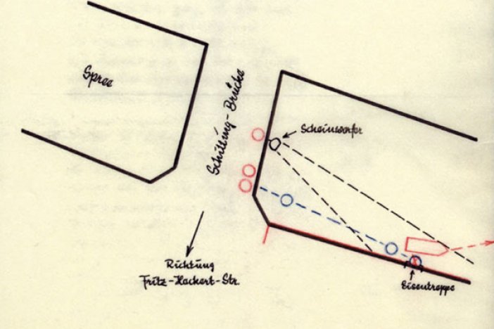 Tatortskizze des MfS zum Fluchtversuch von Werner Probst, 14. Oktober 1961 Tatortskizze des MfS zum Fluchtversuch von Werner Probst, 14. Oktober 1961