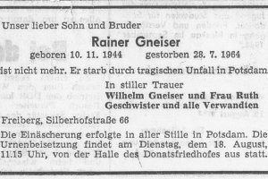 Rainer Gneiser, ertrunken im Berliner Grenzgewässer: Todesanzeige (August 1964)