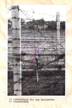 Horst Frank, shot dead at the Berlin Wall: West Berlin police crime site photo of the border fortifications with markings of escape attempt between Pankow and Reinickendorf marked [April 29, 1962]