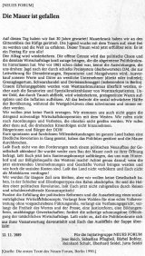 Erkl&auml;rung des Neuen Forum zum Mauerfall, 12. November 1989