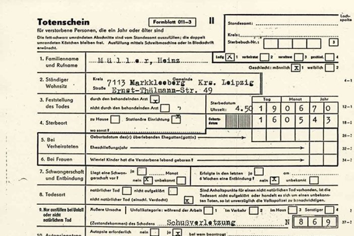 Heinz Müller: Totenschein vom 22. Juni 1970 mit gefälschter Wohnanschrift Heinz Müller: Totenschein vom 22. Juni 1970 mit gefälschter Wohnanschrift