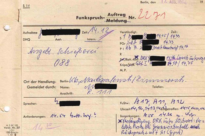 Funkmeldung der West-Berliner Polizei über den Fluchtversuch und die Erschießung von Peter Fechter, 17. August 1962 Funkmeldung der West-Berliner Polizei über den Fluchtversuch und die Erschießung von Peter Fechter, 17. August 1962