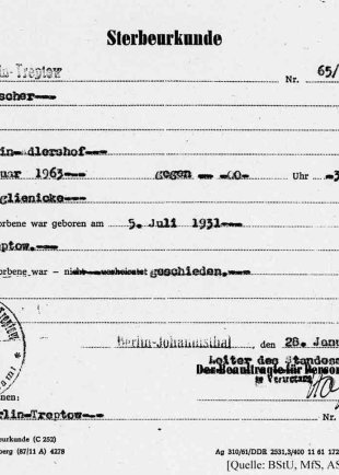 Horst Kutscher, shot dead at the Berlin Wall: Death certificate from Jan. 28, 1963