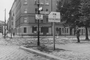 Barbed-wire barriers at the corner of Swedter and Bernauer Strasse, 13 August 1961