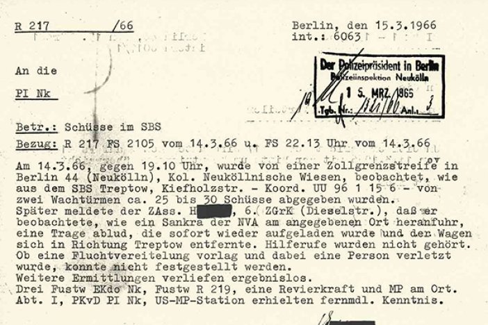 Jörg Hartmann: Meldung der West-Berliner Polizei über Schüsse an der Grenze, 15. März 1966 Jörg Hartmann: Meldung der West-Berliner Polizei über Schüsse an der Grenze, 15. März 1966