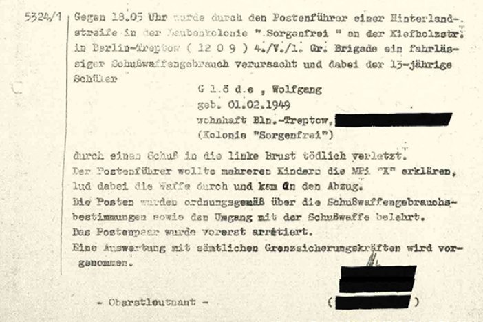 Wolfgang Glöde: Meldung der DDR-Grenzpolizei, 12. Juni 1962 Wolfgang Glöde: Meldung der DDR-Grenzpolizei, 12. Juni 1962