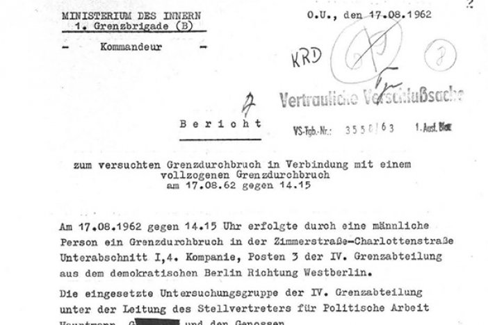 Bericht des Kommandeurs der 1. Grenzbrigade über den Fluchtversuch und die Erschießung von Peter Fechter, 17. August 1962 Bericht des Kommandeurs der 1. Grenzbrigade über den Fluchtversuch und die Erschießung von Peter Fechter, 17. August 1962