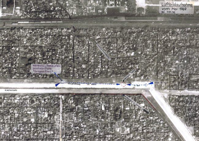 Jörg Hartmann, shot dead at the Berlin Wall: West Berlin police aerial photo of crime site with area of incident marked (photo: May 1969) Jörg Hartmann, shot dead at the Berlin Wall: West Berlin police aerial photo of crime site with area of incident marked (photo: May 1969)