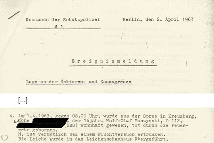 Wolf-Olaf Muszynski: Ereignismeldung der West-Berliner Polizei über die Bergung der Leiche, 2. April 1963  Wolf-Olaf Muszynski: Ereignismeldung der West-Berliner Polizei über die Bergung der Leiche, 2. April 1963