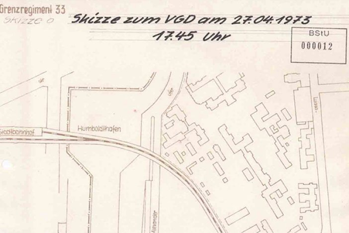 Tatortskizze der DDR-Grenztruppen zum Fluchtversuch und zur Erschießung von Manfred Gertzki, 27. April 1973 Tatortskizze der DDR-Grenztruppen zum Fluchtversuch und zur Erschießung von Manfred Gertzki, 27. April 1973