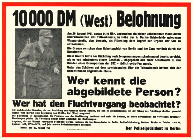 Roland Hoff, shot dead in the Berlin border waters: West Berlin wanted poster, Aug. 30, 1961 Roland Hoff, shot dead in the Berlin border waters: West Berlin wanted poster, Aug. 30, 1961