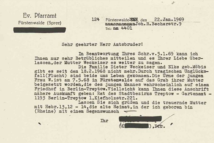 Elke und Dieter Weckeiser: Schreiben des Pfarrers aus Fürstenwalde/Spree an seinen Amtsbruder in Warendorf, 22. Januar 1969 Elke und Dieter Weckeiser: Schreiben des Pfarrers aus Fürstenwalde/Spree an seinen Amtsbruder in Warendorf, 22. Januar 1969
