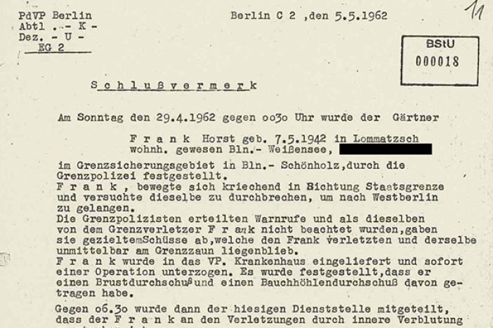 Horst Frank: Schlussvermerk der Ost-Berliner Volkspolizei, 5. Mai 1962 Horst Frank: Schlussvermerk der Ost-Berliner Volkspolizei, 5. Mai 1962