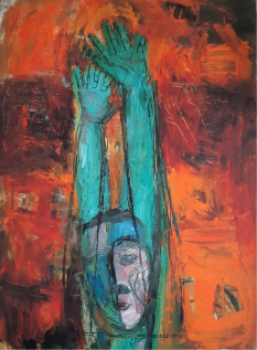 An abstract green-blue figure with a rough head and raised hands in front of a orange and red background.