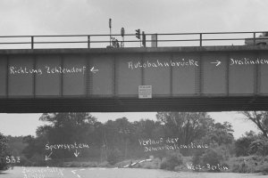 Hermann Döbler, shot dead on the Berlin border waters: Photo of the Teltow Canal near the Dreilinden border crossing with a sketch of the incident [June 15, 1965]