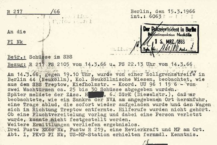 Lothar Schleusener: Meldung der West-Berliner Polizei über Schüsse an der Grenze, 15. März 1966 Lothar Schleusener: Meldung der West-Berliner Polizei über Schüsse an der Grenze, 15. März 1966