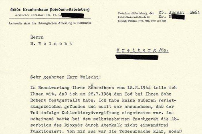 Norbert Wolscht: Schreiben des Krankenhauses Potsdam-Babelsberg zur Todesursache, 25. August 1964 Norbert Wolscht: Schreiben des Krankenhauses Potsdam-Babelsberg zur Todesursache, 25. August 1964