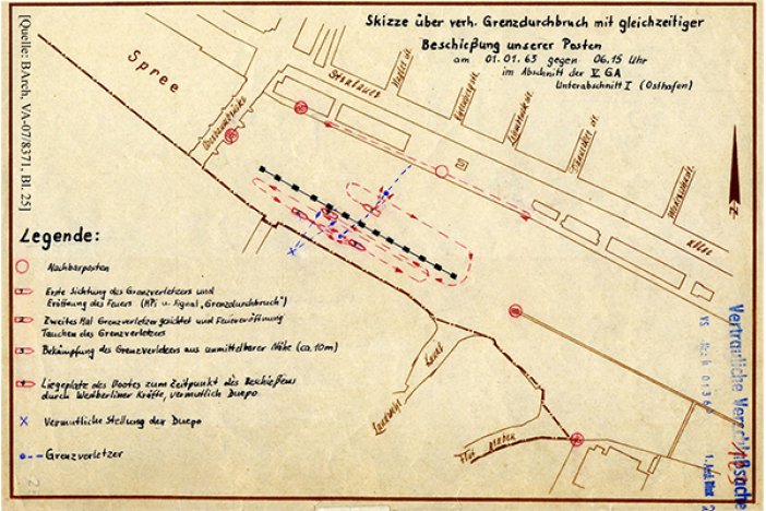 Tatortskizze der DDR-Grenztruppen zum Fluchtversuch von Hans Räwel, 1. Januar 1963 Tatortskizze der DDR-Grenztruppen zum Fluchtversuch von Hans Räwel, 1. Januar 1963
