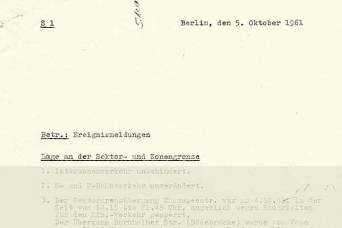 Meldung der West-Berliner Polizei über den Fluchtversuch von Bernd Lünser, 5. Oktober 1961  Meldung der West-Berliner Polizei über den Fluchtversuch von Bernd Lünser, 5. Oktober 1961