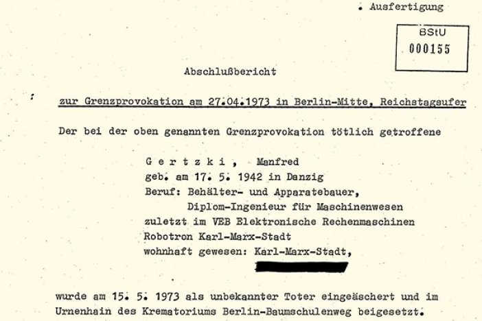 Manfred Gertzki: MfS-Abschlussbericht über Maßnahmen zur Verschleierung seines Todes, 12. Februar 1974 Manfred Gertzki: MfS-Abschlussbericht über Maßnahmen zur Verschleierung seines Todes, 12. Februar 1974