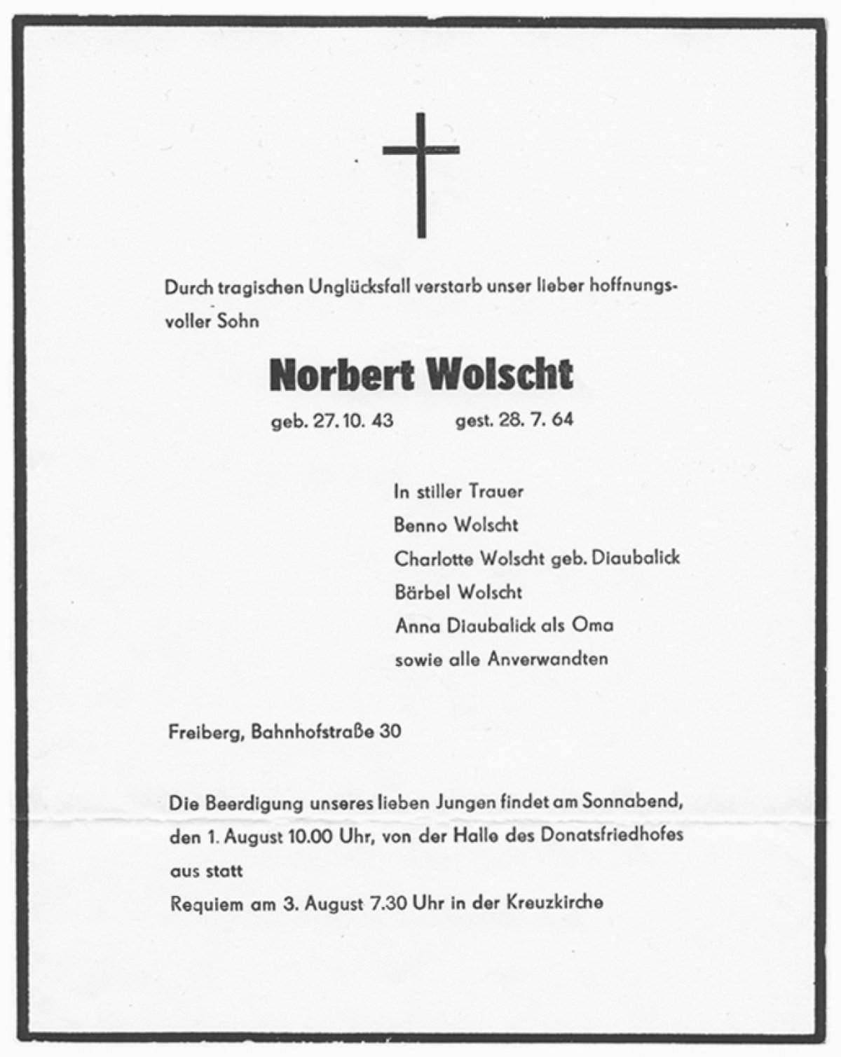 Norbert Wolscht, ertrunken im Berliner Grenzgewässer: Todesanzeige (Juli 1964) Norbert Wolscht, ertrunken im Berliner Grenzgewässer: Todesanzeige (Juli 1964)