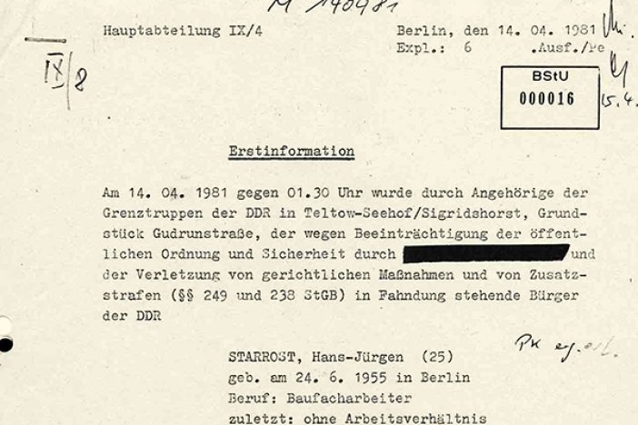 MfS-Bericht über den Fluchtversuch von Hans-Jürgen Starrost, 14. April 1981 MfS-Bericht über den Fluchtversuch von Hans-Jürgen Starrost, 14. April 1981