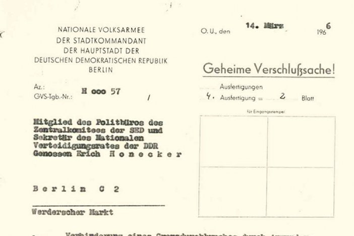 Lothar Schleusener: Meldung des NVA-Stadtkommandanten Poppe an SED-Politbüromitglied Erich Honecker, 14. März 1966 Lothar Schleusener: Meldung des NVA-Stadtkommandanten Poppe an SED-Politbüromitglied Erich Honecker, 14. März 1966