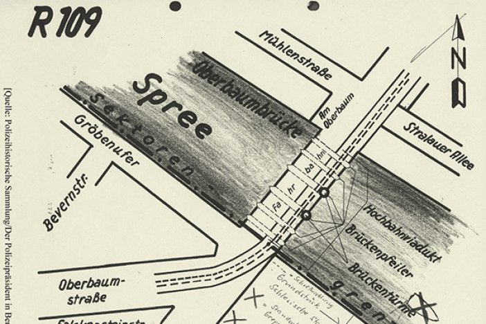 Tatortskizze der West-Berliner Polizei zum Fluchtversuch von Hans Räwel, 1. Januar 1963 Tatortskizze der West-Berliner Polizei zum Fluchtversuch von Hans Räwel, 1. Januar 1963