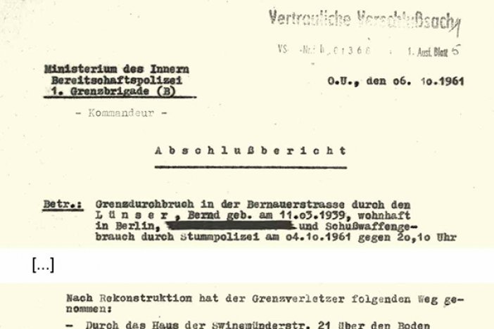 Abschlussbericht der DDR-Grenzpolizei über den Fluchtversuch von Bernd Lünser, 6. Oktober 1961 Abschlussbericht der DDR-Grenzpolizei über den Fluchtversuch von Bernd Lünser, 6. Oktober 1961