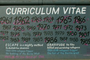 Photo of the artwork. Under the title and the dates of 1961 to 1989 states: Escape is a mighty method to destabilise dominion. 1961: GDR-refugees trigger the building of the Berlin Wall. Each rose for one dead of 136.