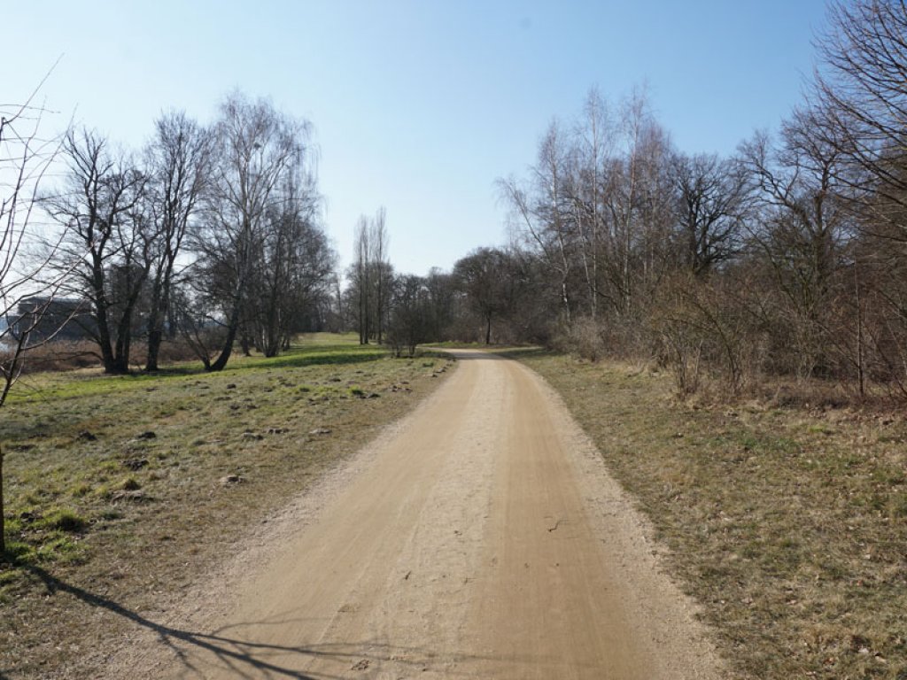 Todesstreifen der DDR-Grenzanlagen mit Kolonnenweg, der heute als Parkweg zur Sacrower Heilandskirche führt; Aufnahme 2015
