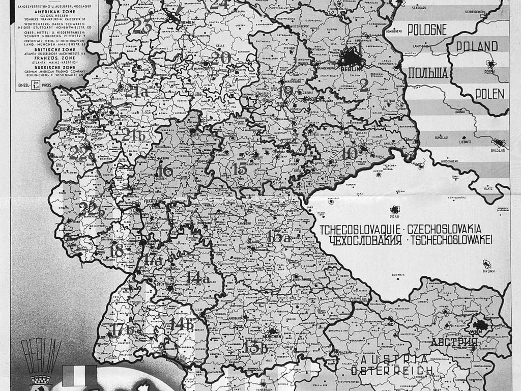 Karte der Besatzungszonen in Berlin, Deutschland und Österreich; Frankfurt (Main) 1945