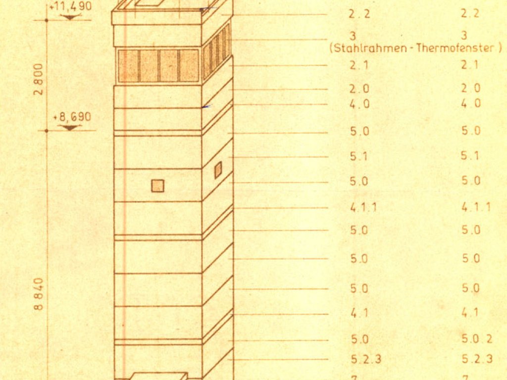 Construction blueprint of the nine-metre-tall observation tower (BT 9) of the GDR border troops
