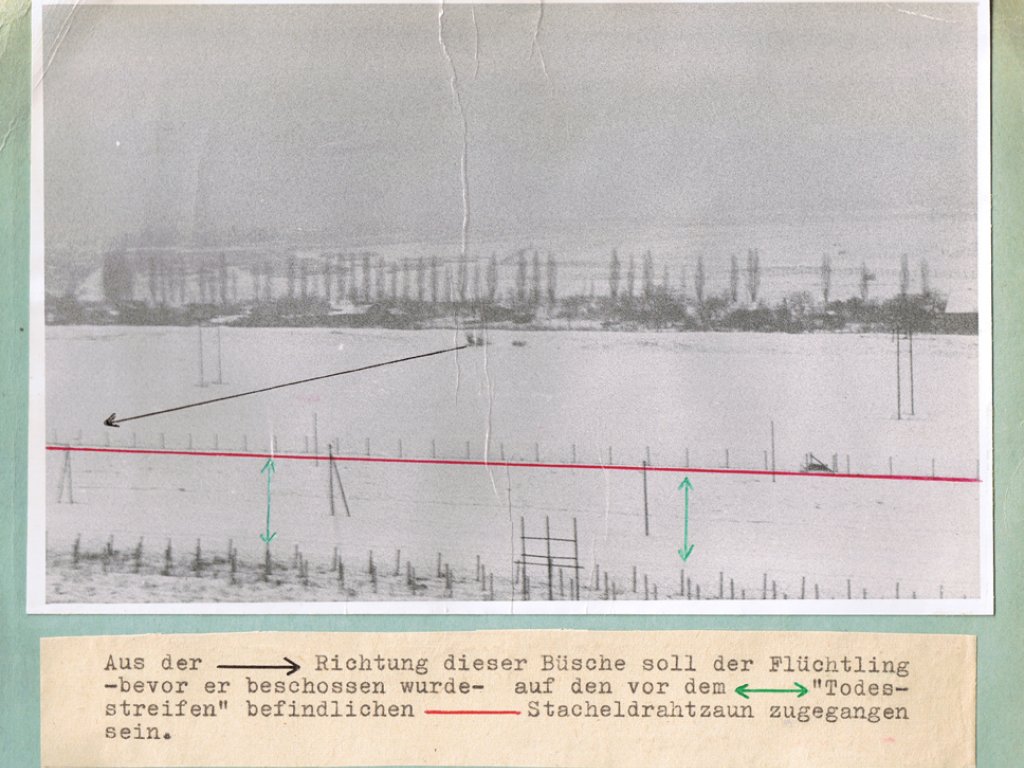 Dieter Berger, shot dead at the Berlin Wall: West Berlin police crime site photo of the path to approach to border [Dec. 13, 1963]