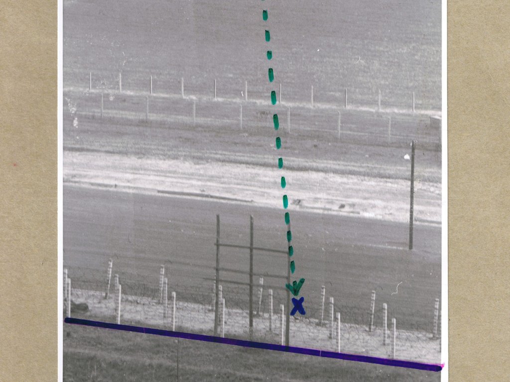 Michael Kollender, shot dead at the Berlin Wall: West Berlin police crime site photo of border strip with direction of fired bullets marked [April 25, 1966]