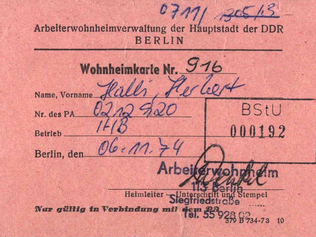 Herbert Halli, shot dead at the Berlin Wall: Dormitory card, Nov. 6, 1974