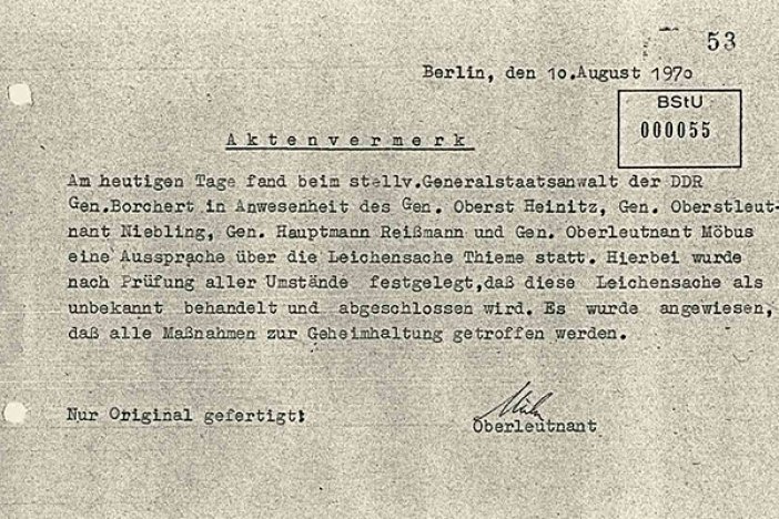 MfS-Aktenvermerk zur Geheimhaltung des Todes von Gerald Thiem, 10. August 1970 MfS-Aktenvermerk zur Geheimhaltung des Todes von Gerald Thiem, 10. August 1970