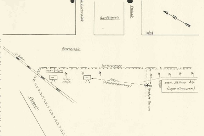 Tatortskizze der West-Berliner Polizei zum Fluchtversuch von Dieter Brandes, 9. Juni 1965