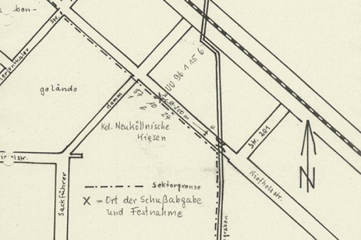 Tatortskizze der West-Berliner Polizei zum Fluchtversuch von Walter Hayn, 27. Februar 1964 Tatortskizze der West-Berliner Polizei zum Fluchtversuch von Walter Hayn, 27. Februar 1964