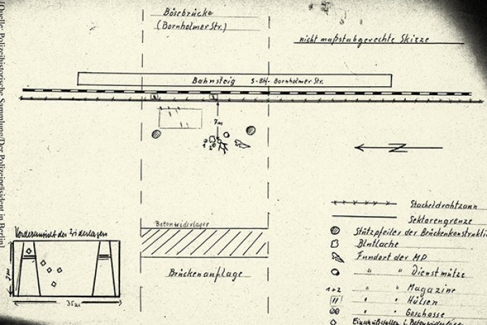 Tatortskizze der West-Berliner Polizei zum Fluchtversuch von Hans-Dieter Wesa, 23. August 1962 Tatortskizze der West-Berliner Polizei zum Fluchtversuch von Hans-Dieter Wesa, 23. August 1962