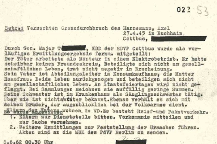 Vermerk der Ost-Berliner Volkspolizei zu Axel Hannemann, 6. Juni 1962 Vermerk der Ost-Berliner Volkspolizei zu Axel Hannemann, 6. Juni 1962