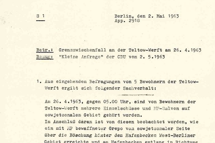 Peter Mädler: Vermerk der West-Berliner Polizei zu einer kleinen Anfrage der CDU im Abgeordnetenhaus, 2. Mai 1963 Peter Mädler: Vermerk der West-Berliner Polizei zu einer kleinen Anfrage der CDU im Abgeordnetenhaus, 2. Mai 1963